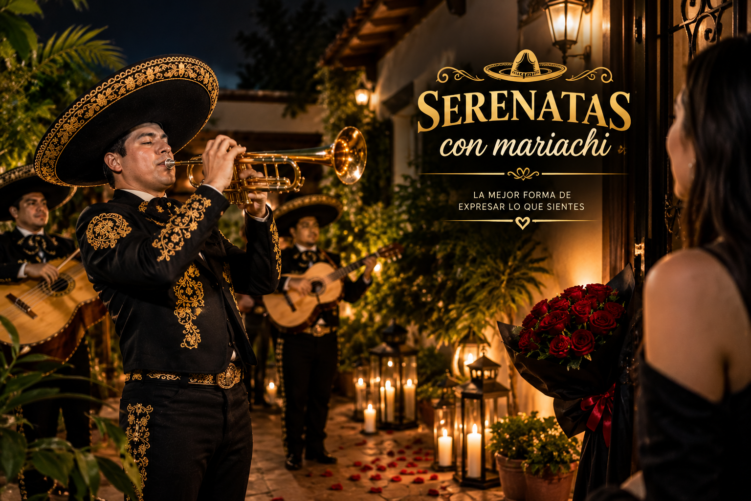 Mariachi interpretando una serenata con trompeta